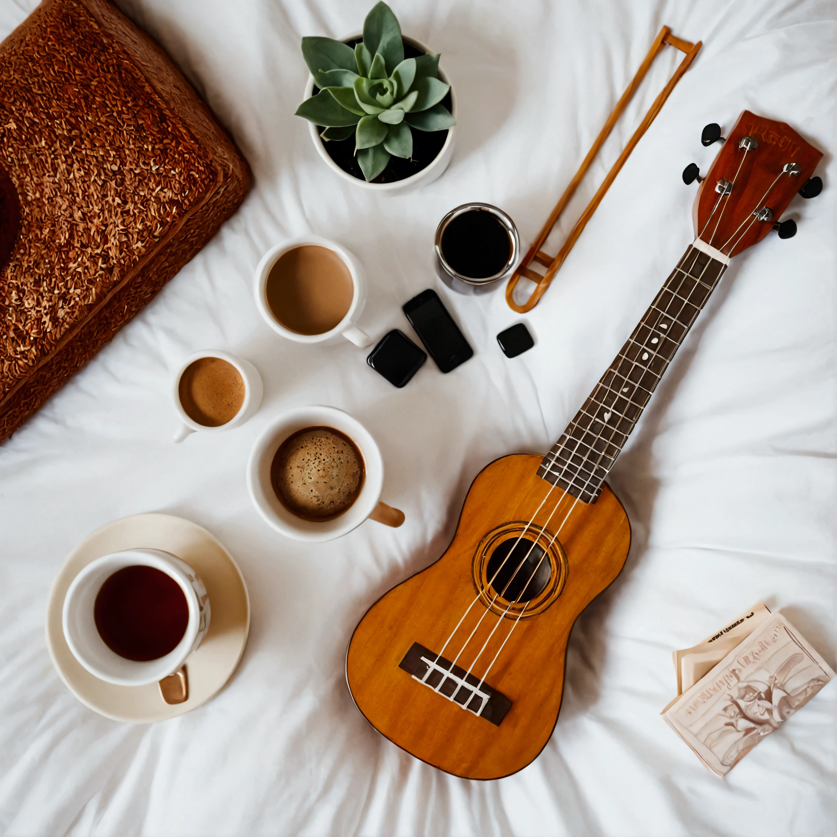 there is a ukulee and a cup of tea on a bed, ukulele, music being played, jamming to music, coffee and musical instrument, musical instruments, flat lay, flatlay, music instruments, music in the air, music is life, musical instrument, an instrument, instrument, instruments, jovana rikalo, plays music, highly detailed composition