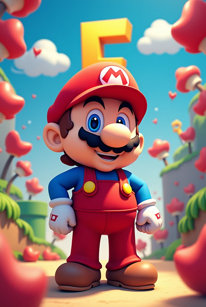 Mario Bros character with the letter F in the background