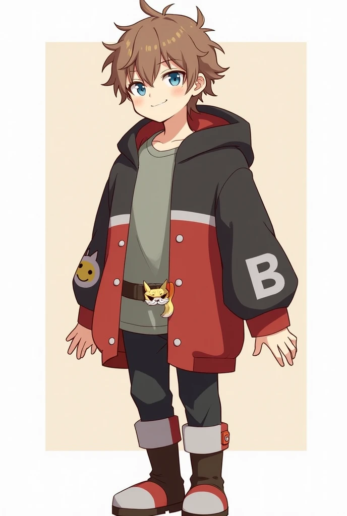 茶色の髪のmale。Her short hair with outward curls is bouncing.。Smiling with droopy blue eyes。Wearing an oversized hoodie and white headphones。The background is simple。The hoodie is mainly red with black on the arms and hood.。The parka is a jacket type.、Open。The sleeves are black and only the cuffs are red。He has plastic-like rings on both his wrists.。There is an awkward looking smiley face painted in red on the sleeve near the shoulder.。The back is painted in white with an awkward B on it.。The hoodie is held in place by a black belt with silver hardware.。On his belt he wears a fox-like accessory with a white to red gradient.。A simple, blank, greyish greenＴWearing a shirt。The pants are black and have no particular pattern.。She wears knee-high shoes made of red and white cushioning material.。Anime style with a gentle touch。Large。male。