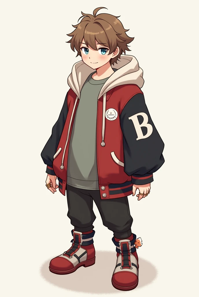 茶色の髪のmale。Her short hair with outward curls is bouncing.。Smiling with droopy blue eyes。Wearing an oversized hoodie and white headphones。The background is simple。The hoodie is mainly red with black on the arms and hood.。The parka is a jacket type.、Open。The sleeves are black and only the cuffs are red。He has plastic-like rings on both his wrists.。There is an awkward looking smiley face painted in red on the sleeve near the shoulder.。The back is painted in white with an awkward B on it.。The hoodie is held in place by a black belt with silver hardware.。On his belt he wears a fox-like accessory with a white to red gradient.。A simple, blank, greyish greenTWearing a shirt。The pants are black and have no particular pattern.。She wears knee-high shoes made of red and white cushioning material.。Anime style with a gentle touch。Large。male。