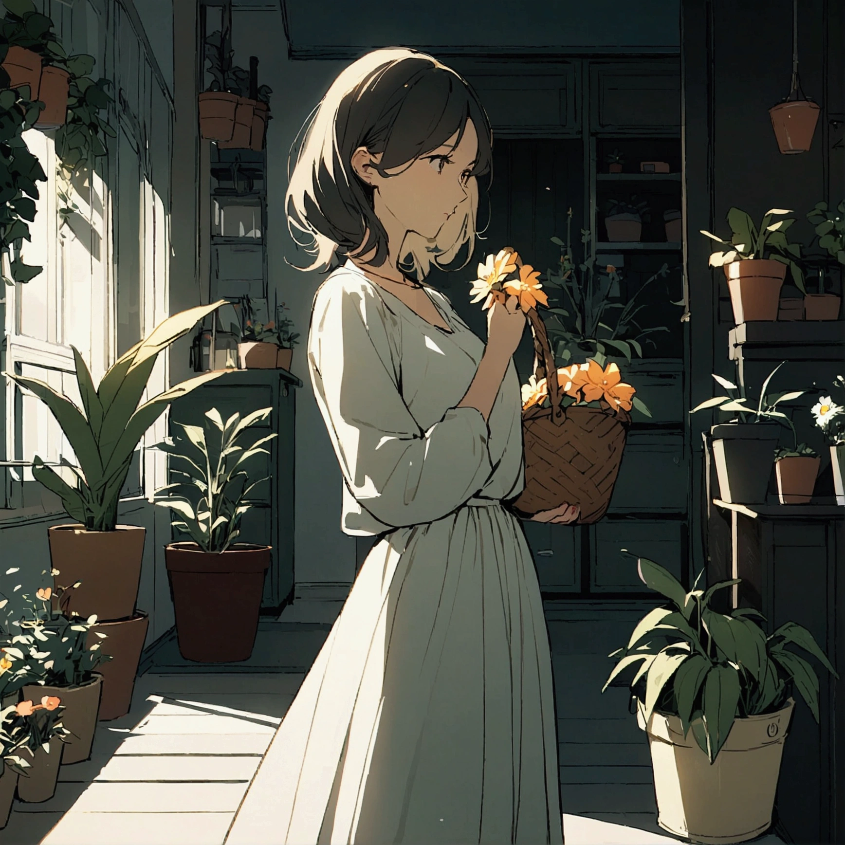 A woman in a flat-colored casual outfit, holding a basket with flowers in her hand. Chic, soft atmosphere. Soft light. Many potted plants and plants in the background.