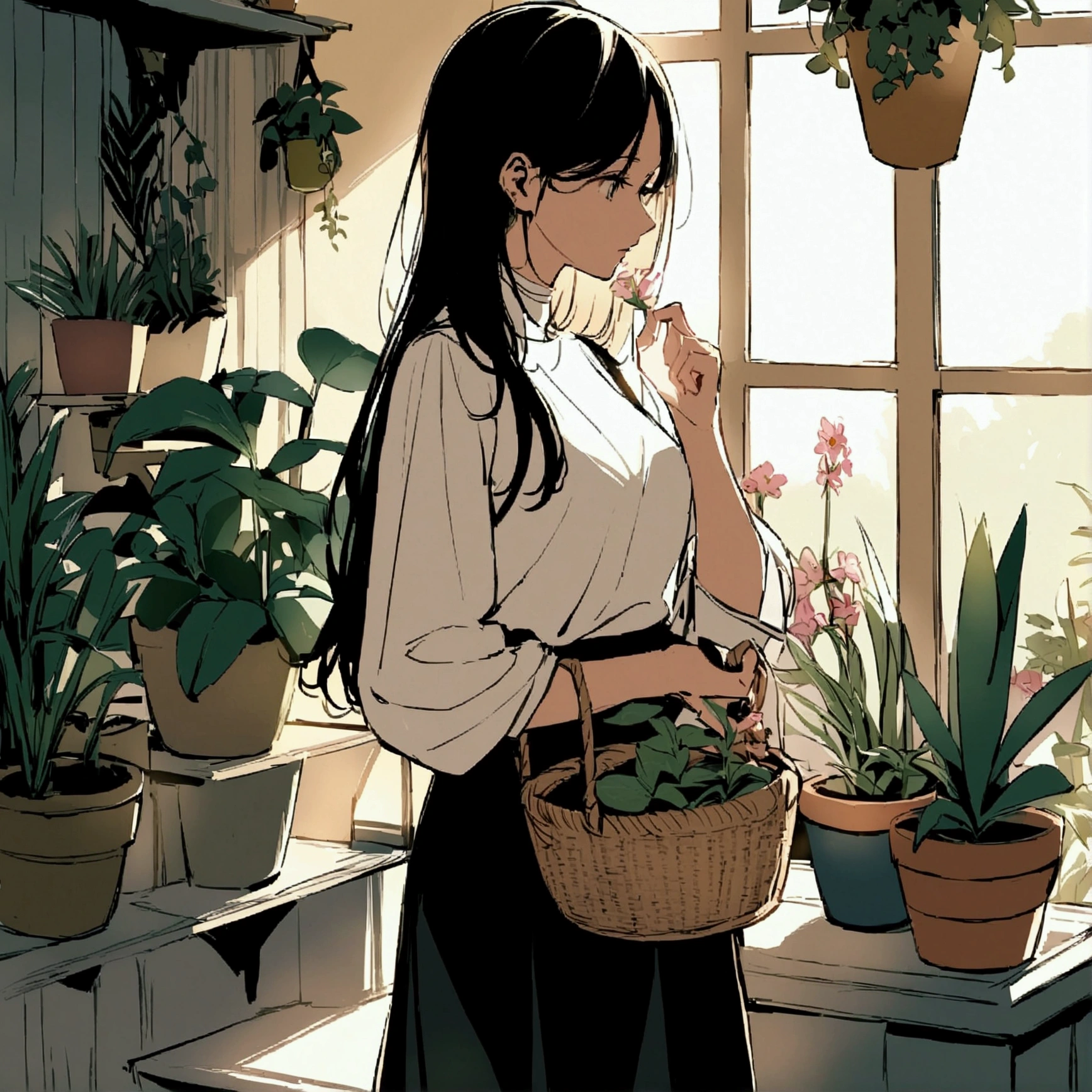 A woman in a flat-colored casual outfit, holding a basket with flowers in her hand. Chic, soft atmosphere. Soft light. Many potted plants and plants in the background.