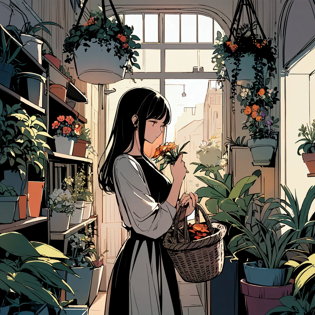 A woman in a flat-colored casual outfit, holding a basket with flowers in her hand. Chic, soft atmosphere. Soft light. Many potted plants and plants in the background.