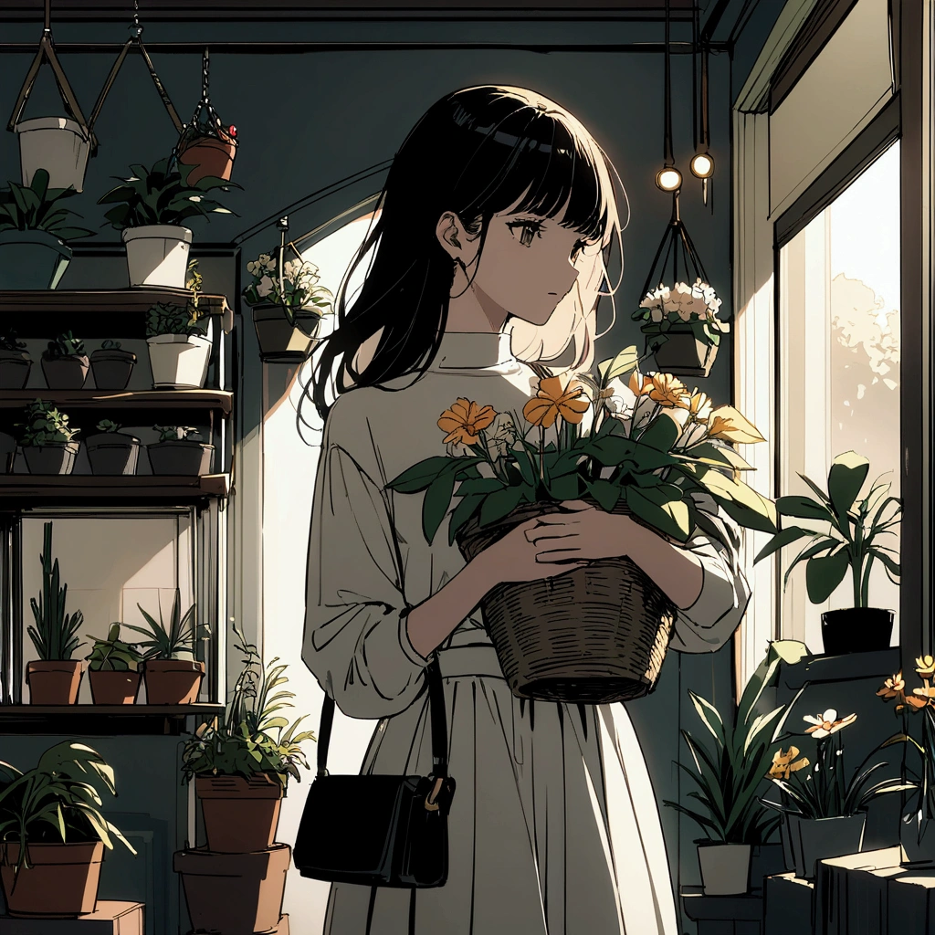A woman in a flat-colored casual outfit, holding a basket with flowers in her hand. Chic, soft atmosphere. Soft light. Many potted plants and plants in the background.