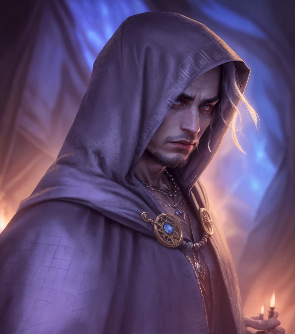 stylized image of a woman in a hood with a necklace, Close-up portrait of a magician, portrait of me, evil male sorcerer, Portrait of Drizzt Do&#39;Urden, portrait of a wild cloak fin, fantasy male portrait, detailed matte fantasy portrait, Portrait of a fantasy character, epic fantasy portrait, Portrait of Merlin