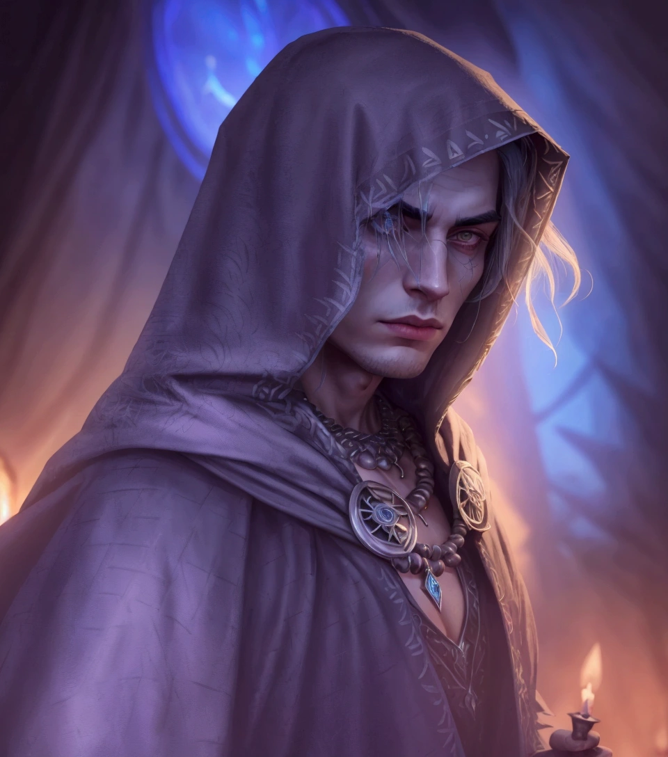 stylized image of a woman in a hood with a necklace, Close-up portrait of a magician, portrait of me, evil male sorcerer, Portrait of Drizzt Do'Urden, portrait of a wild cloak fin, fantasy male portrait, detailed matte fantasy portrait, Portrait of a fantasy character, epic fantasy portrait, Portrait of Merlin