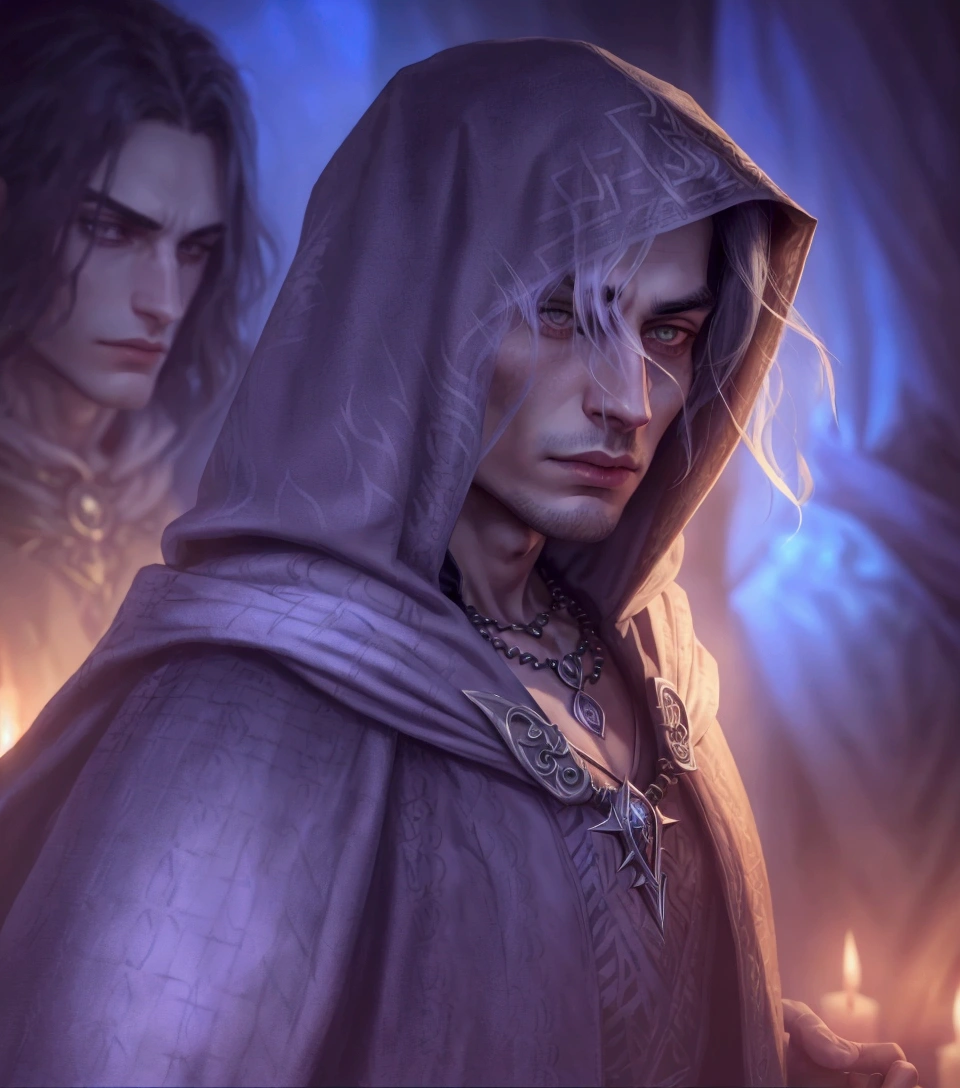 stylized image of a woman in a hood with a necklace, Close-up portrait of a magician, portrait of me, evil male sorcerer, Portrait of Drizzt Do'Urden, portrait of a wild cloak fin, fantasy male portrait, detailed matte fantasy portrait, Portrait of a fantasy character, epic fantasy portrait, Portrait of Merlin