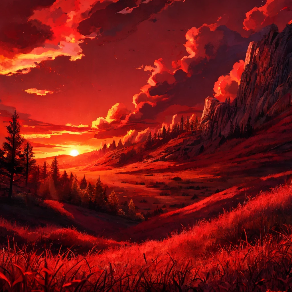 Red sky shining on the grass on the ground, sunset, giant clouds beyond description, a very imaginative scene, red lights reflecting on the grass, red, red lighting