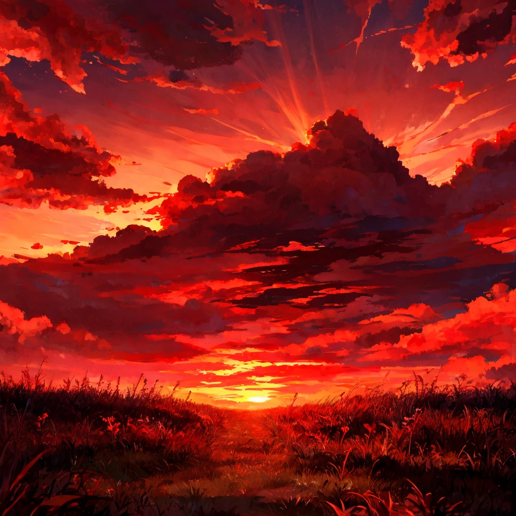 Red sky shining on the grass on the ground, sunset, giant clouds beyond description, a very imaginative scene, red lights reflecting on the grass, red, red lighting