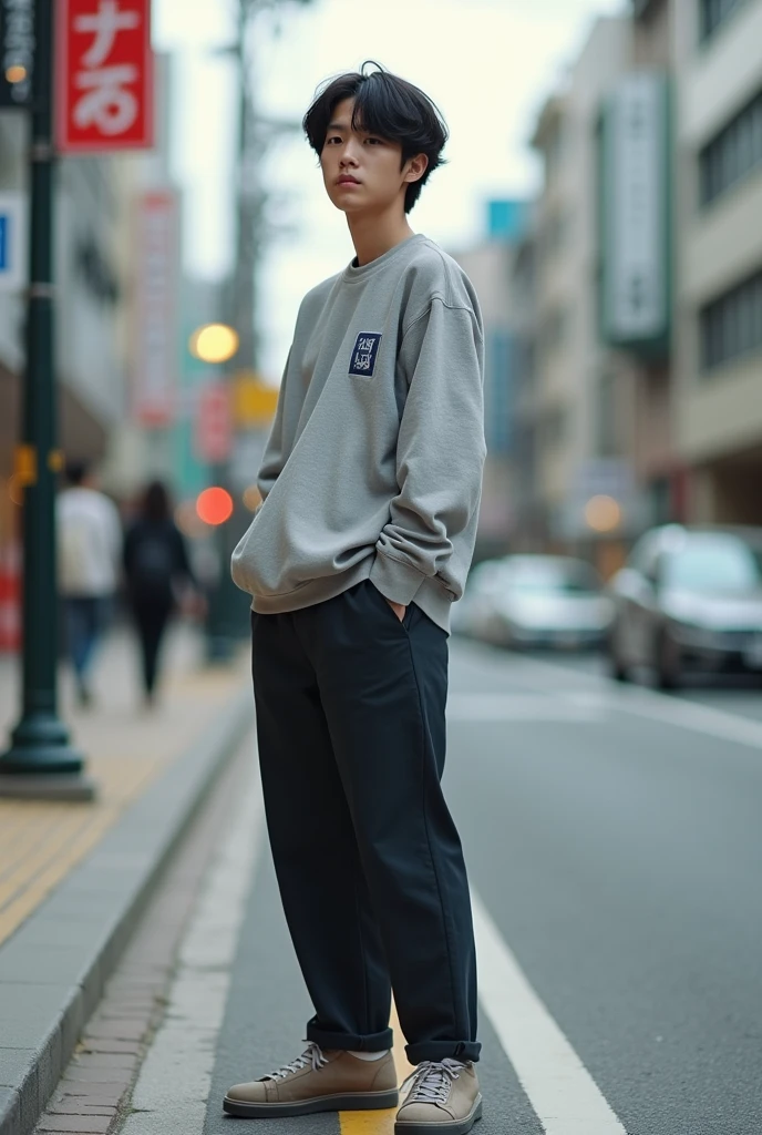 23-year-old Japanese male university student with a center-parted hairstyle, revealing his forehead. Simple outfit. Full-body photo.(So that you can see your feet) Photos taken unexpectedly Profiles Photos taken from a distance Location(Urban city、A place without people) hands positioned(Don't put your hands in your pockets) Other shoots