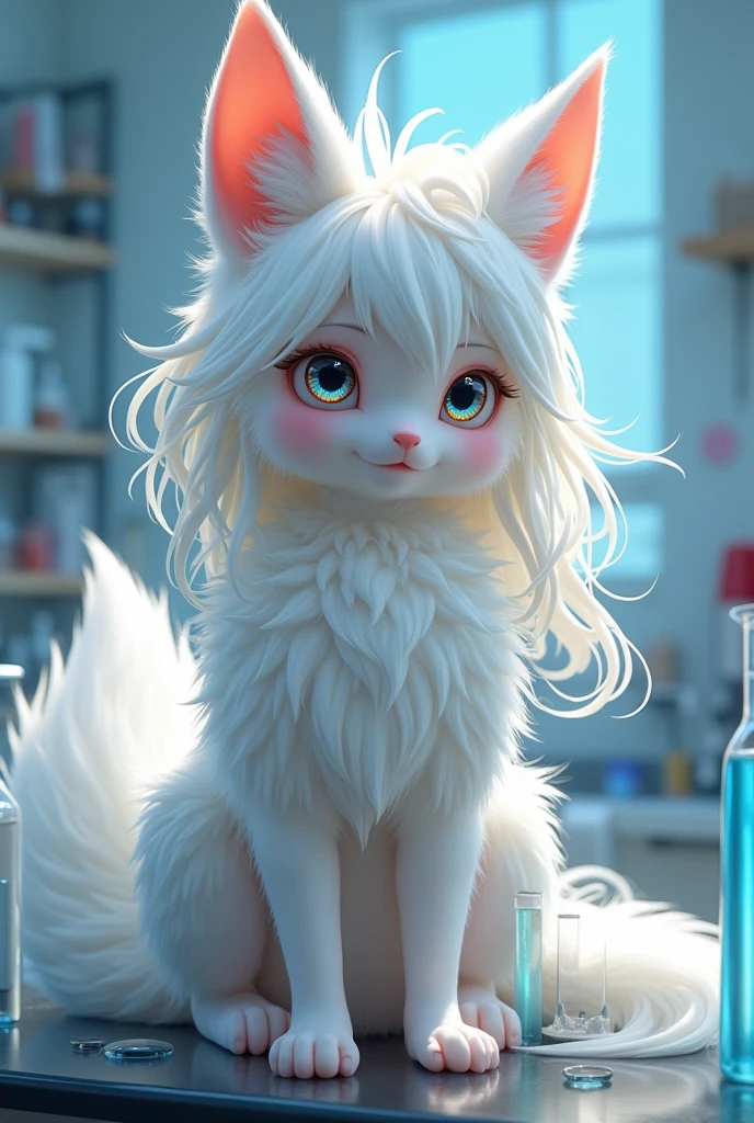 white furry fox girl scientist with long white hair