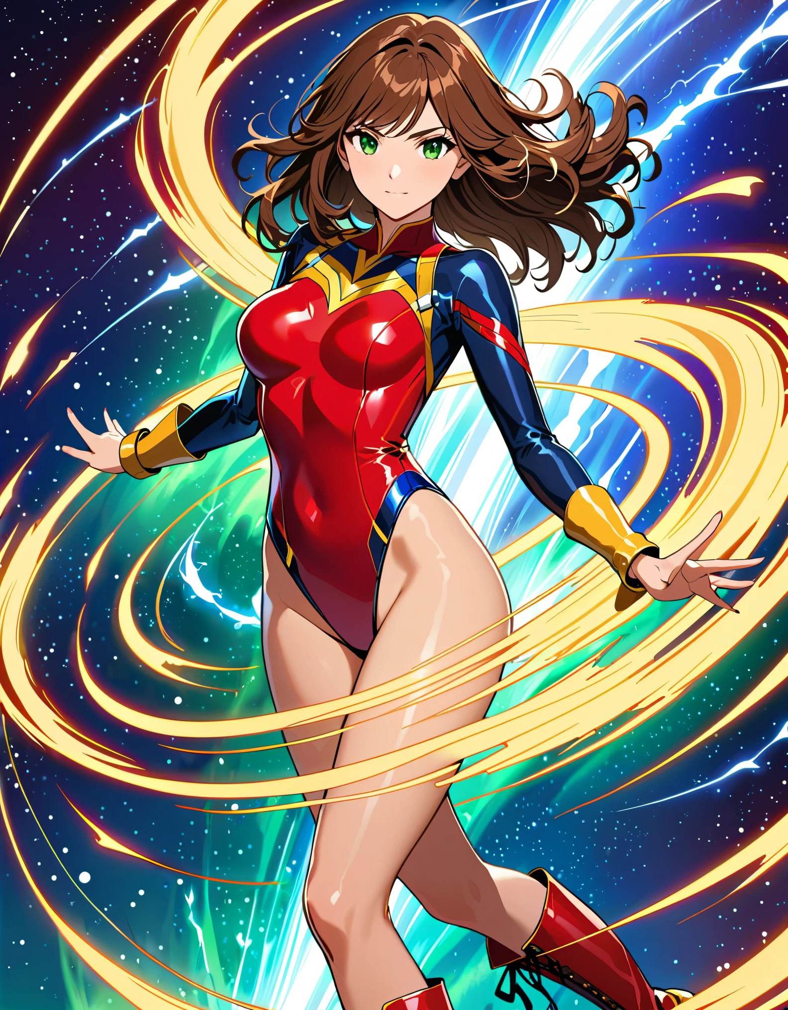 (masterpiece), (best quality), (high res), 1lady, tall body, finger proportions coordination, highly detailed, professional, beautiful detailed eyes, beautiful detailed face, perfect hands, complete fingers, perfect anatomy, perfect proportions, ((brown hair, medium hair, hair down)), ((green eyes)), ((leotard, (red leotard), matching leotard)), (bare legs), (boots, matching boots, knee-high boots, yellow boots), breasts, medium breasts, looking at viewer, solo, solo focus, cowboy shot, space backdrop, (((fastened tight belt))), (blue sleeves, yellow cuffs), ((yellow hawk/(symbol/)) on chest), full body costume design. standing straight, (fast spin, dynamic spin pose, spins fast in place like a tornado, whirls fast in place like a tornado, tornado whirling, spiral lines around her, speed lines around her, spinning energy pulse around her, storm winds around her, whirls into a tornado, (she whirls) at (super speeds)). full body costume design. curved sword slash. she super-spins, whirlwind, time travel, time warp.