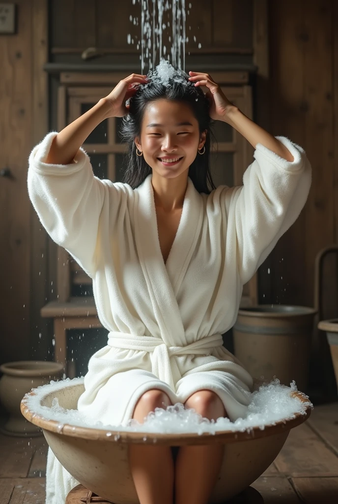 Create an Asian beauty,Regular facial features,Attractive appearance,White bathrobe,Sitting on a stool,Keep your legs together,Scratching the scalp with both hands,Two hands washing hair on top of head,There is a lot of foam and water on the head,Foam wrap head,Expression happy,Realistic foam,Character front position,Real People,Character Close-up,Ancient attic background,9:16 frames,Ultra HD painting
