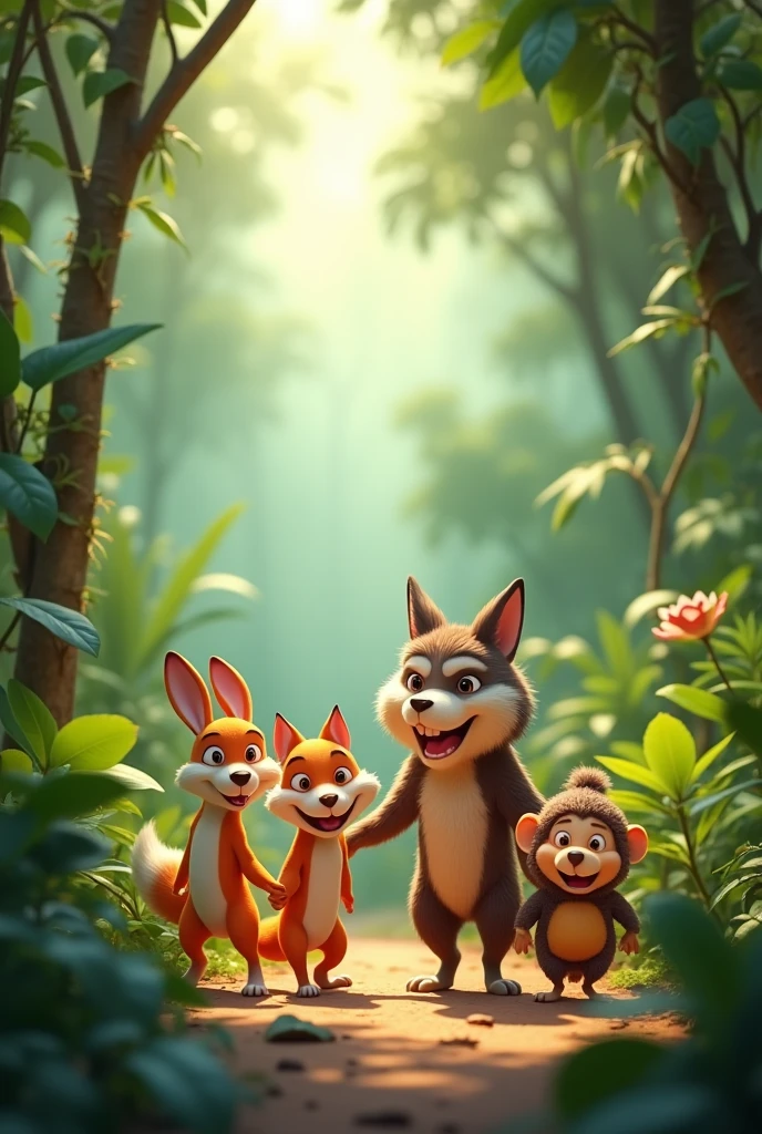Need 3d animation style "
The Four Friends in the Jungle**: Create an image showing four cartoon animals—a small rabbit, a clever fox, a wise owl, and a playful monkey—standing together in a dense, green jungle. The setting should be calm, with trees, plants, and colorful flowers around them.