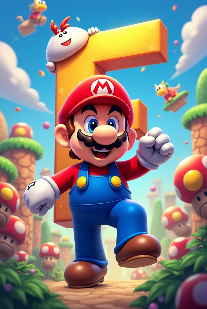 Mario Bros character with the letter F in the background