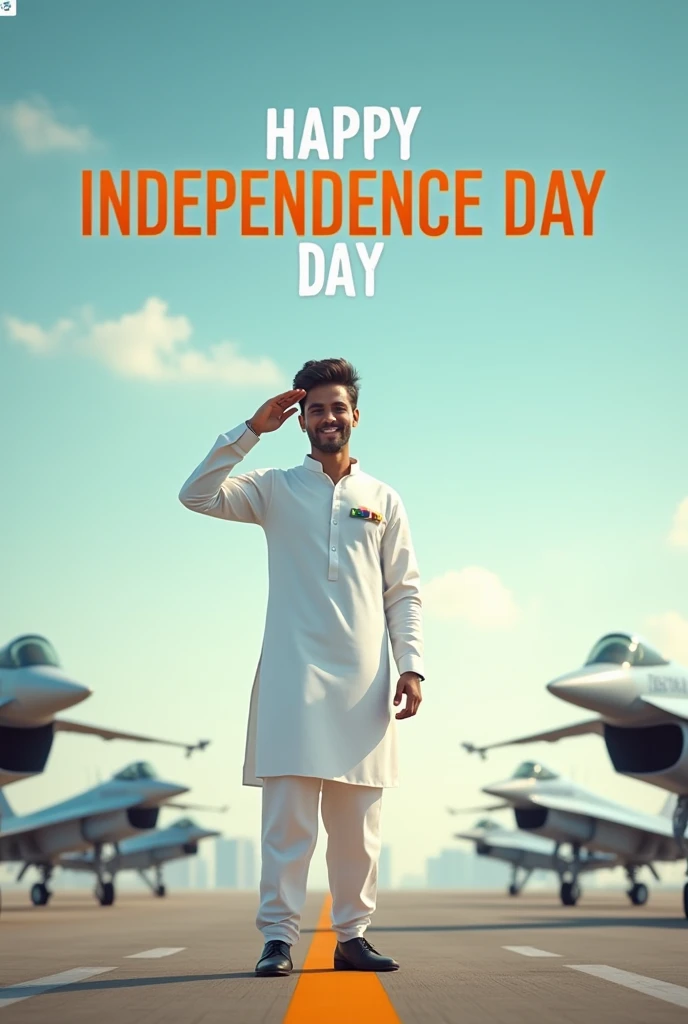 "Generate a real-life image of a 21-year-old (boy) joyfully celebrating Indian Independence Day. The individual is dressed in white patani attire with saluting prominently displayed on their clothing. The sky above them features the words 'Happy Independence Day' in a bold font. The background is run way with sukoi 27 aircraft , creating a vibrant and patriotic atmosphere."