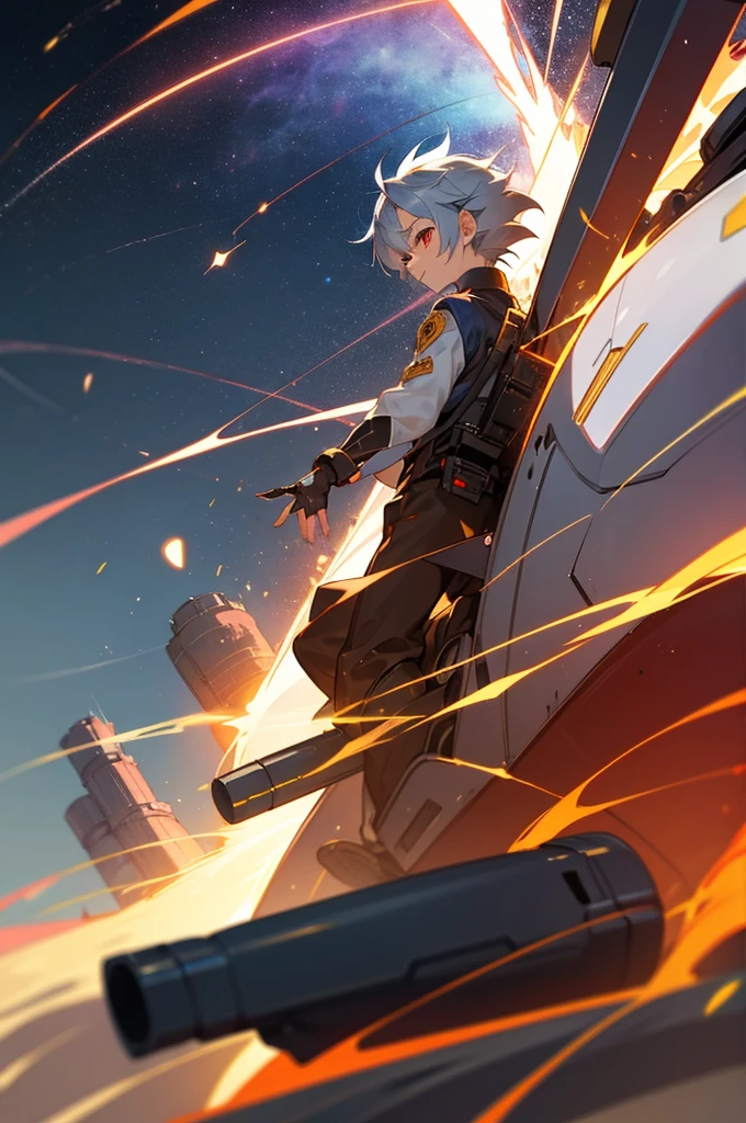 A boy of about 7 years old with silver hair and red eyes. Shota Cyborg. His right arm transforms into a cannon.、It is charged with golden energy. It is moving at a rapid pace. A cannon is also shooting out of its back, and a huge amount of blue energy is exploding over the city.