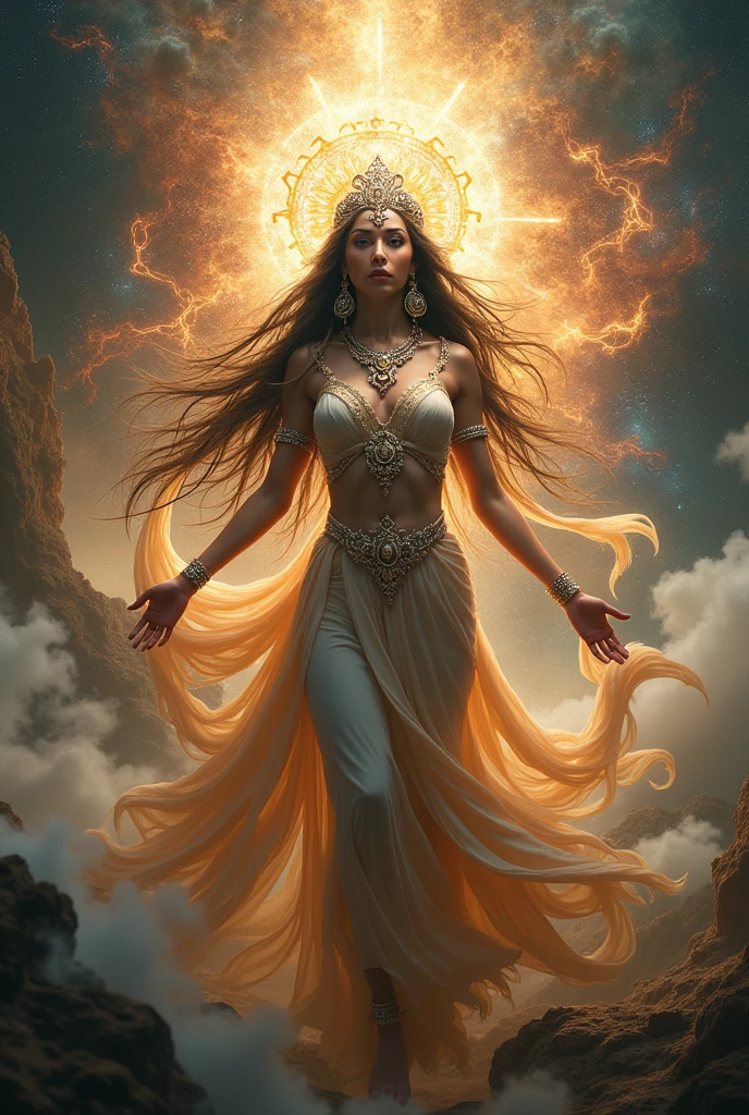 Imagine The Devine Universal Mother, The maternal Cosmic Power, The Supreme Radiant Power, Shakti. Hd, High detail, High contrast, High texture, Hyper realistic, Cinematic