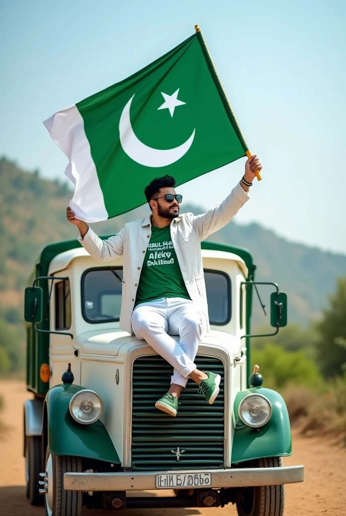 Create an Real image featuring a young man sitting on the hood of a white and green truck,with Pakistan’s scenic background. He’s holding a flag celebrating Pakistan’s 14th August. The boy wears a green T-shirt with ‘Abdul haq siyal blogger’ Abdul haq Siyal on it, white jacket, white pants, green shoes and sunglasses. 