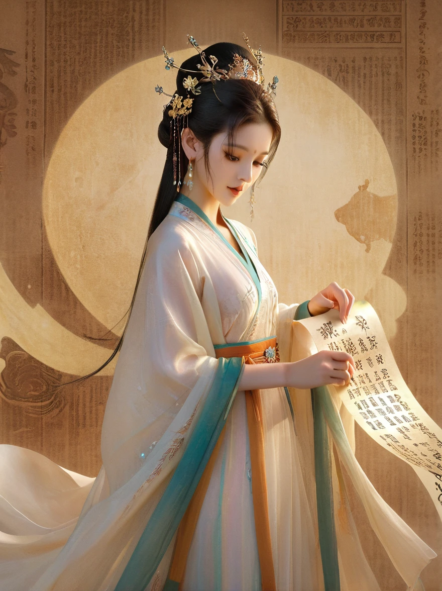 Dunhuang art style, Extremely long-distance lens, A beautiful girl, Perfect face, Pretty Face, Wearing traditional silk dress, Standing on an ancient soft scroll with golden ancient texts, Zen style, Bright Star, Light and Shadow, Ancient White, epic, Extremely delicate brushstrokes, Reality, Photographed by DJI, illustration, 3D Rendering, UHD, masterpiece, accurate, anatomically correct, textured skin, super detail, 8k