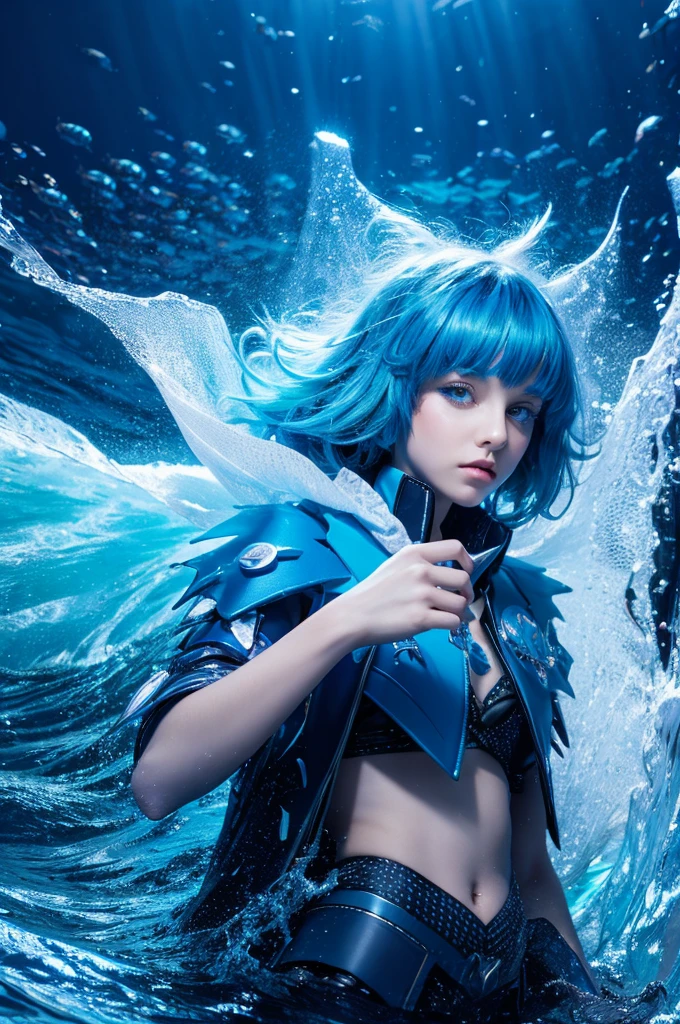 8k, One person, High collar, nice, (Fractal Art 1.8), Pouting, Young people, Blue Hair, Deep in the ocean, nice, dynamic, Visual impact, Put your hands in your pockets, (Lens Wave 1.5)