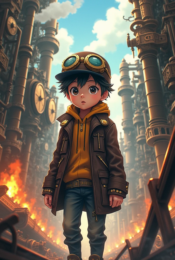 Anime Style、Steampunk World、There is a boy there wearing clothes and a hat that look like they belong in a steampunk setting.、The surroundings are mainly gears, steam, and pipes with fire coming out、