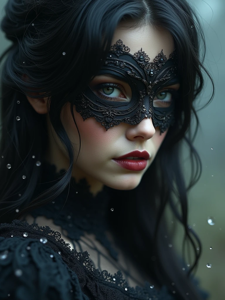 a close up of a woman wearing a mask, dreamy gothic girl, vampire, elegant render, half body photo, mistress, photoshop render, ebony rococo, elegant girl, female spy, haunting beautiful young woman, detailed face, extravagant dress, beauty girl, very femenine, dark haze atmoosphere, ambient dust