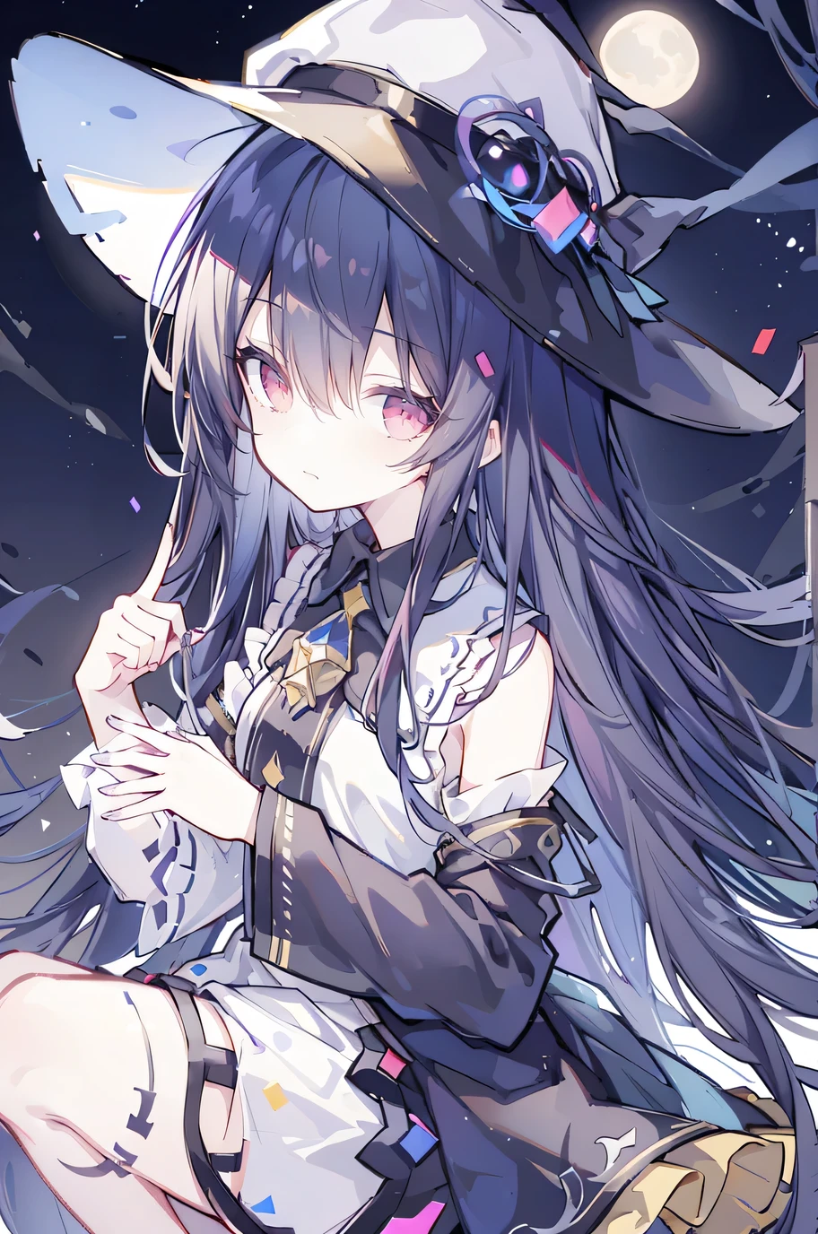 oung Girls,Humanity,A magician always smiles,big witch hat,cute,dark blue long hair,The eyes are dull,The bangs are heavy,Thin eyebrows,fantasy,intake,Double teeth,Star Theme,Constellation pattern,Solid color clothetal decoration,cloak,A bit of a dark atmosphere,A little crazy smile,When the big moon shines outside at night,blood,Hair black star embellishment,Short tie,No nails,High waist skirt,Bell sleeves,Long-sleeved shirt,Black tie,low risk,gentlemen。Mist、Yellow and white effect，Shocking pink as an accent color