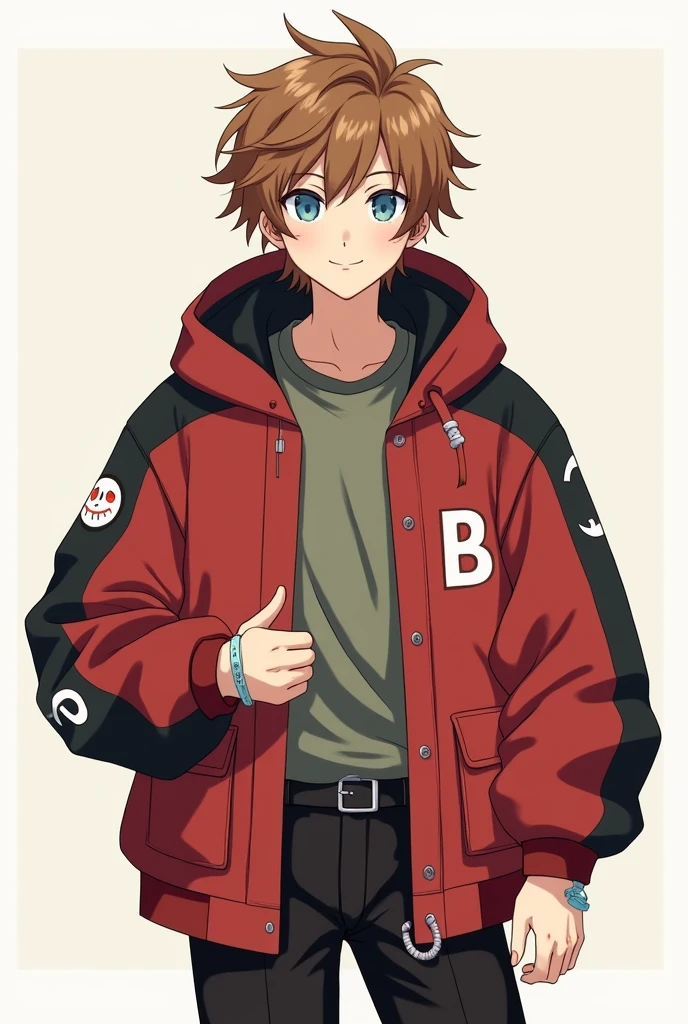 茶色の髪のmale。Her short hair with outward curls is bouncing.。Smiling with droopy blue eyes。Wearing an oversized hoodie and white headphones。The background is simple。The hoodie is mainly red with black on the arms and hood.。The parka is a jacket type.、Open。The sleeves are black and only the cuffs are red。He has plastic-like rings on both his wrists.。There is an awkward looking smiley face painted in red on the sleeve near the shoulder.。The back is painted in white with an awkward B on it.。The hoodie is held in place by a black belt with silver hardware.。On his belt he wears a fox tail-like accessory with a white to red gradient.。A simple, blank, greyish greenTWearing a shirt。The pants are black and have no particular pattern.。She wears knee-high shoes made of red and white cushioning material.。Anime style with a gentle touch。Large。male。