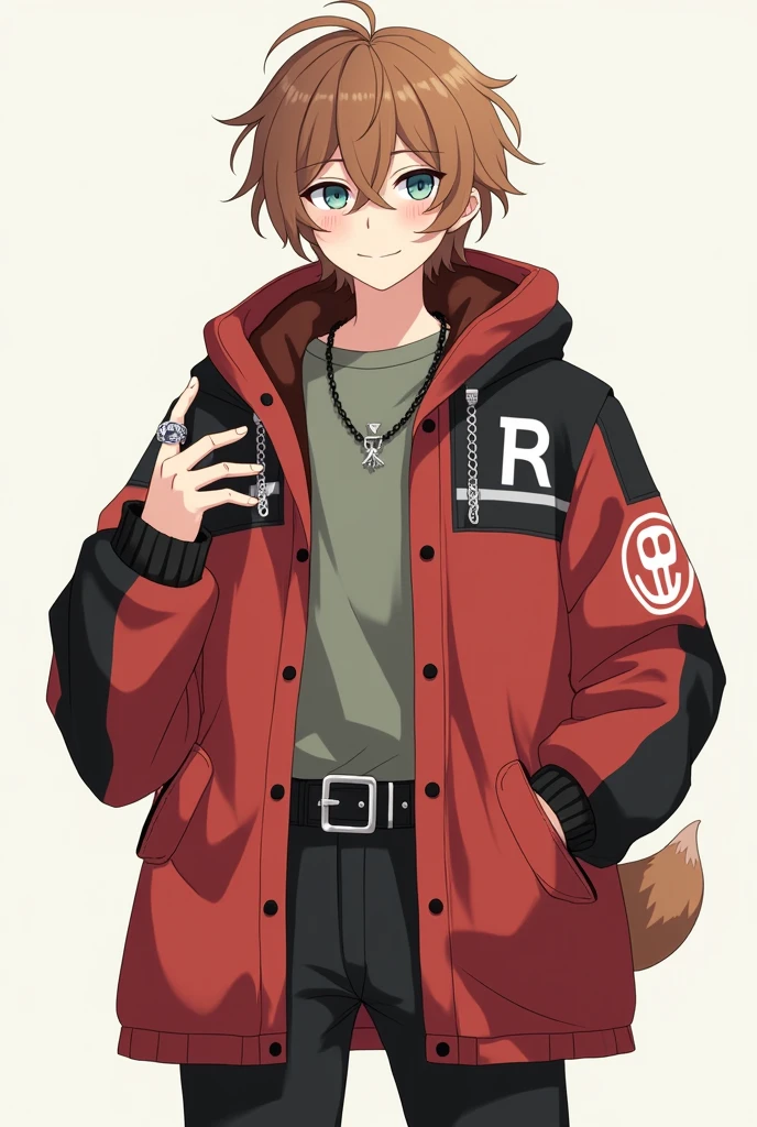 茶色の髪のmale。Her short hair with outward curls is bouncing.。Smiling with droopy blue eyes。Wearing an oversized hoodie and white headphones。The background is simple。The hoodie is mainly red with black on the arms and hood.。The parka is a jacket type.、Open。The sleeves are black and only the cuffs are red。He has plastic-like rings on both his wrists.。There is an awkward looking smiley face painted in red on the sleeve near the shoulder.。The back is painted in white with an awkward B on it.。The hoodie is held in place by a black belt with silver hardware.。On his belt he wears a fox tail-like accessory with a white to red gradient.。A simple, blank, greyish greenTWearing a shirt。The pants are black and have no particular pattern.。She wears knee-high shoes made of red and white cushioning material.。Anime style with a gentle touch。Large。male。