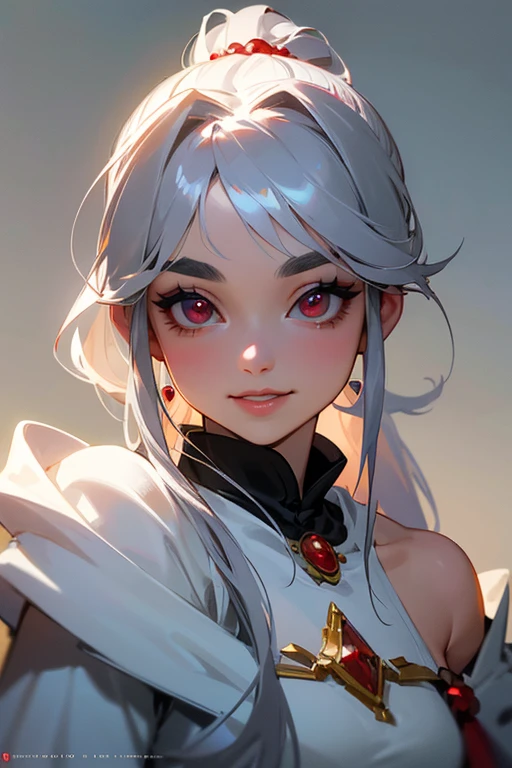 (Highest quality, masterpiece:1.2), High resolution, Very detailed, Realistic:1.37, Fantasy, An illustration,Gray Hair、 Red eyes、Queen, White Dress、Platinum decoration、beautifully、Eyeshadow Red、Thick eyebrows、Long eyelashes、pupils are black、shiny on the lips、Top Sites、Queen、Princess、ponytail、A kind smile、Show your teeth a little and smile、Soft impression、people々々々々々々々Loved by、Slimming the face、Shoulder Bare、sexy、((Face image as is))