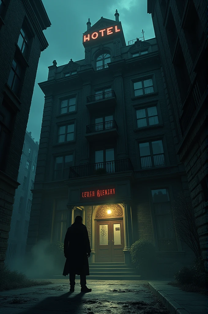 A dark, eerie view of the Cecil Hotel at night, with its old, imposing façade and a foreboding atmosphere. The hotel is dimly lit, with shadows creeping around the edges. In the foreground, add a shadowy, indistinct figure lurking near the entrance, as if watching. The scene should evoke a sense of dread and mystery, capturing the haunting legacy of the hotel.