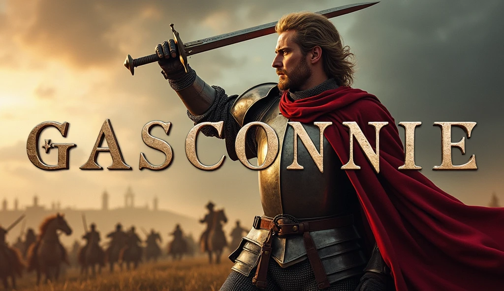 A movie poster depicting a male knight wielding a sword on a battlefield with the words "Gasconnie" written in large letters in the center,