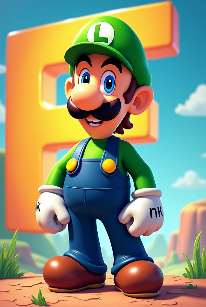 Luigi character with the letter F in the background