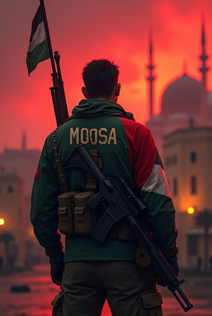 A soldier sniper With Shirt back name Moosa Erect Pakistani flag  and Also Palestine flag on Masjid Al Aqsa in red cloud evening with weapons 
