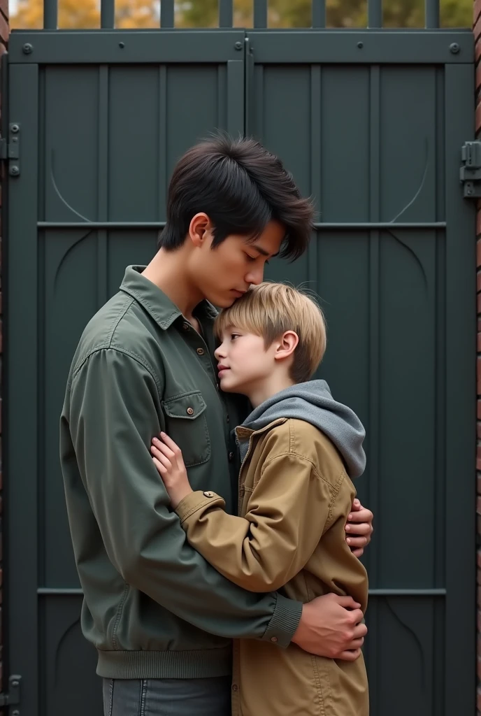 Generate a picture of a 25 years old handsome  asian boy hugging a  blonde boy and behind them is big steel gate like to keep them safe.It should look like a father son relationship. It should look real.