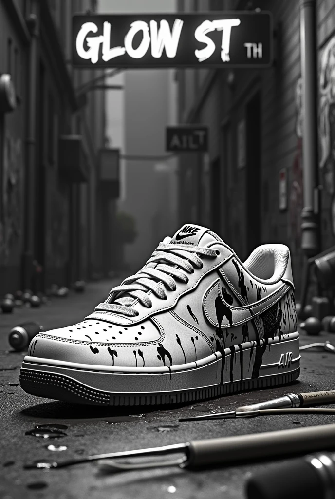 nike airforce one  stained  splattered art and street sign that says  glow st like Los Angeles with brushes and spray cans behind  don't forget the brushes and the street sign  
All that in black and white