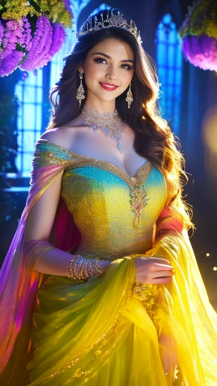 (a beautiful woman in a stunning gown of flowing silk with a radiant smile and captivating eyes),vibrant colors,highres,ultra-detailed,sharp focus,soft lighting,realistic,fantasy-inspired,portraits,subtle color palette,ethereal glow,fairytale,graceful,pastel shades,enchanted garden,lovely flowers,twinkling lights,whimsical ambiance