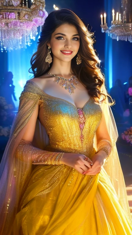 (a beautiful woman in a stunning gown of flowing silk with a radiant smile and captivating eyes),vibrant colors,highres,ultra-detailed,sharp focus,soft lighting,realistic,fantasy-inspired,portraits,subtle color palette,ethereal glow,fairytale,graceful,pastel shades,enchanted garden,lovely flowers,twinkling lights,whimsical ambiance