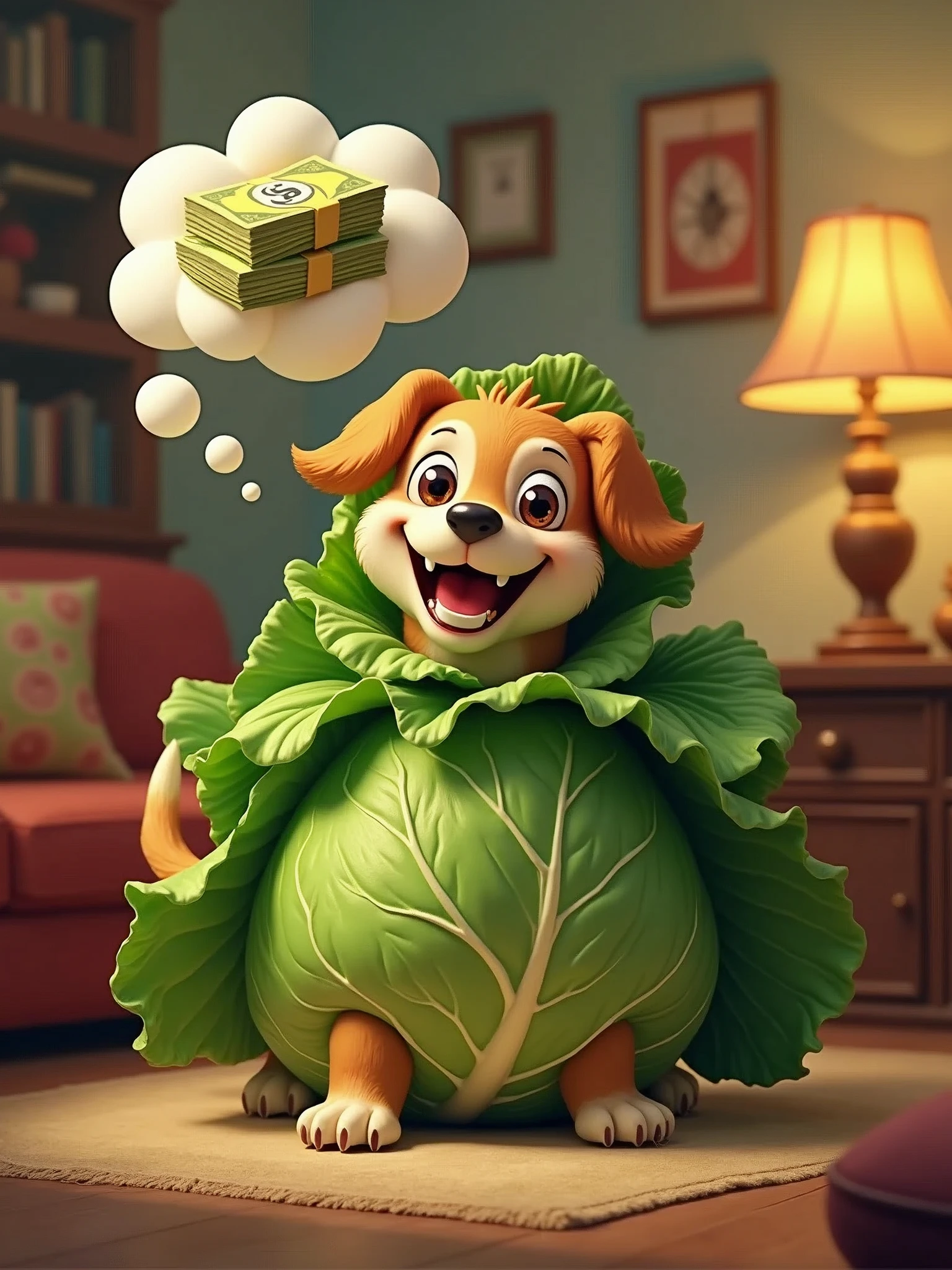 A playful and joyful cute green “Cabbage Dog” (a dog humorously dressed in cabbage leaves) with a big smile, wagging its tail energetically, sitting in a cozy living room. The dog looks exceptionally cheerful, with a thought bubble above its head showing a smiling face and a stack of money,