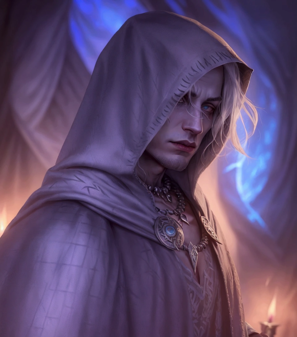 stylized image of a woman in a hood with a necklace, albino, Close-up portrait of a magician, portrait of me, evil male sorcerer, Portrait of Drizzt Do&#39;Urden, portrait of a wild cloak fin, fantasy male portrait, detailed matte fantasy portrait, Portrait of a fantasy character, epic fantasy portrait, Portrait of Merlin
