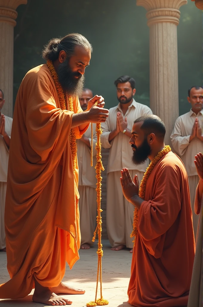 a brahmin man putting sacred thread to a person and other people standing in front doing Namaste wearing a janai- a sacred thread to be worn in the body by Hindu boys.