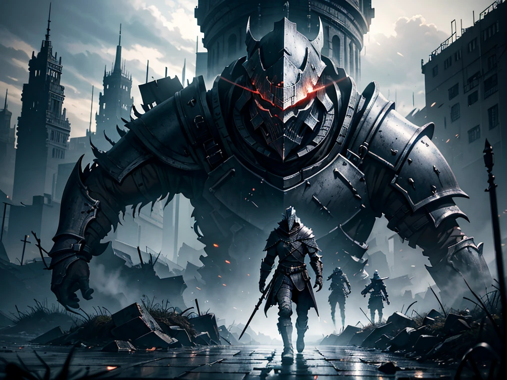 dark souls warriors wallpaper hd hd, in the style of gritty urban landscapes, detailed, layered compositions, dark white and silver, mechanized forms, lens flare, sony alpha a1, strong facial expression —ar 16:9 —niji 5 —c 3