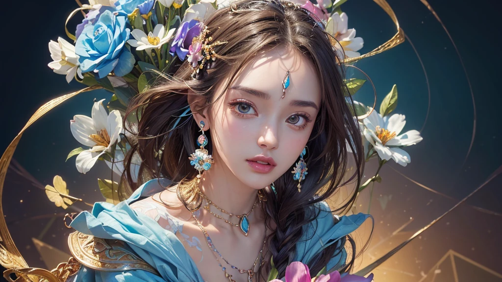 32K, 最高quality, 最高masterpiece, (ultra-Detailed Background, Detailed Background), High resolution, Super detailed, Very detailedな, 1 personの, (bouquet:1.3), (Tangled:1.2), (Geometric:1.2),(colorful),(masterpiece, quality, best quality, Official Art, Beautiful and beautiful:1.2), (1 person:1.3), Very detailed,(colorful:1.1)(Flowers:1.3),Most detailed,(Tangled:1.2), whole body, (Abstract background:1.3), (Skin glows), (Many colors:1.4), ,(Earrings Jewelry:1.5), Light blue and gradient background,