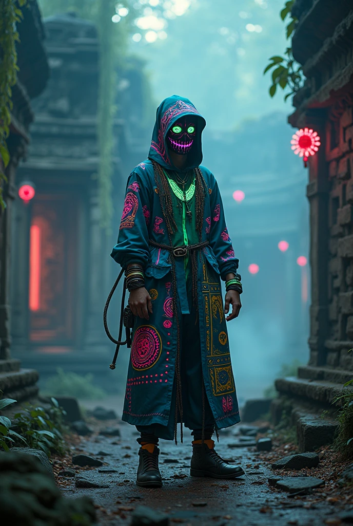 A high-resolution brightly lit photorealistic photograph of a cyberpunk tech wear shaman wearing shamanic ornaments and face mask tribals with tribal clothings and colourfull masks in uv green and blue with criptic signs glowing on the fabric standing by an ancient rain forest temple ruins glowing with criptic symbols of tribals and alienish paterns on the tree trunks glowing in uv red and pink colours smog and misty fog in the atmosphere broken ruins of ancient goddess skulptor glowing in uv colours The photograph is styled like a high-end lifestle Movie hdr32 k this orignal image octate render unreal lightings, highly detailed , photo realistic , unreal engine 5, depth of view, add noise, Effet de vent:1.9,Effets de nuage:1.2,Rendu complet,Encaustic painting,flammes, epic, dawn, dramatic lighting, dim light, bokeh, The photograph has a light bright happy feel. Use a high-resolution 16k camera with a 2:3 aspect ratio, a raw style, and a quality setting of 2 to capture this vibrant scene . 32k, full ultra hd, high resolution, photorealistic, natural lighting, ultra realistic photo, high quality, HDR, high resolution, smooth and delicate skin, noble and elegant, ultra-realistic photography vibe, shot with Canon camera, intricate details, 32k --ar 16:9 --s 750 --v 6.1