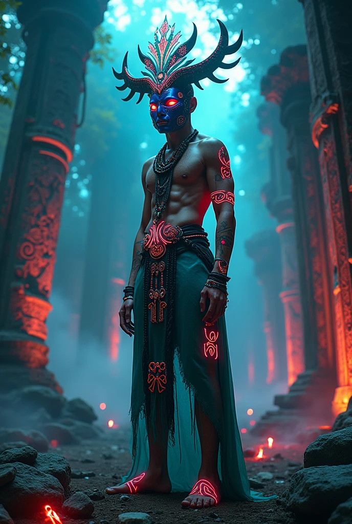 A high-resolution brightly lit photorealistic photograph of a cyberpunk tech wear shaman wearing shamanic ornaments and face mask tribals with tribal clothings and colourfull masks in uv green and blue with criptic signs glowing on the fabric standing by an ancient rain forest temple ruins glowing with criptic symbols of tribals and alienish paterns on the tree trunks glowing in uv red and pink colours smog and misty fog in the atmosphere broken ruins of ancient goddess skulptor glowing in uv colours The photograph is styled like a high-end lifestle Movie hdr32 k this orignal image octate render unreal lightings, highly detailed , photo realistic , unreal engine 5, depth of view, add noise, Effet de vent:1.9,Effets de nuage:1.2,Rendu complet,Encaustic painting,flammes, epic, dawn, dramatic lighting, dim light, bokeh, The photograph has a light bright happy feel. Use a high-resolution 16k camera with a 2:3 aspect ratio, a raw style, and a quality setting of 2 to capture this vibrant scene . 32k, full ultra hd, high resolution, photorealistic, natural lighting, ultra realistic photo, high quality, HDR, high resolution, smooth and delicate skin, noble and elegant, ultra-realistic photography vibe, shot with Canon camera, intricate details, 32k --ar 16:9 --s 750 --v 6.1