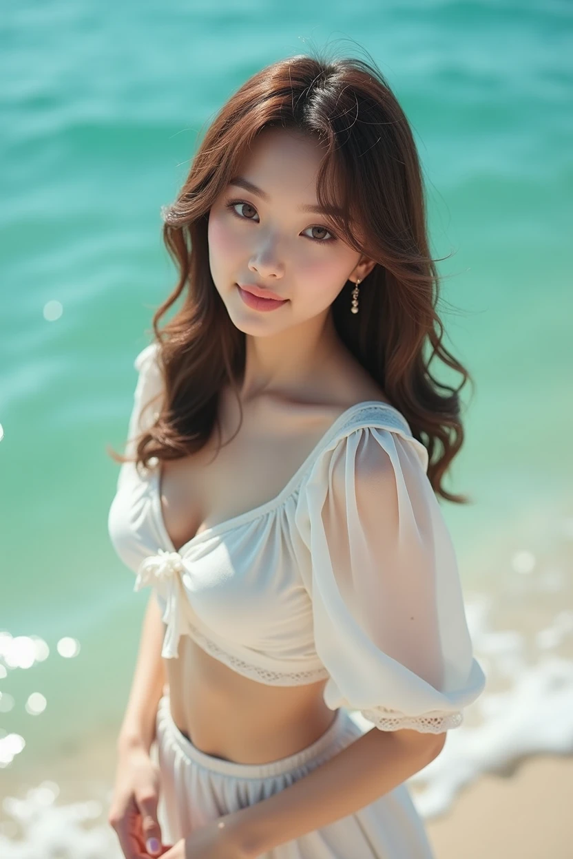 (masterpiece, 8k, best quality, RAW photo, photo realistic, ultra detailed), (insanely detailed and intricate:1.2), (beautiful Japanese girl), slender, 20yo, kawaii, cute, detailed face, detailed eyes, brown eyes, (thin eyebrow), detailed skin, (light brown hair), (wavy hair), (medium hair), blush, (small breasts), cleavage, (white cropped brause:1.4), (flare skirt), earrings, (necklace), bracelet, (looking at viewer:1.4), (close-up face:1.1), (seductive pose:1.2), (standing:1.2), (reaching out), (wistful smile), (straw hat), BREAK (overlooking turquoise sea), (sunlight), (beach), (cowboy shot)