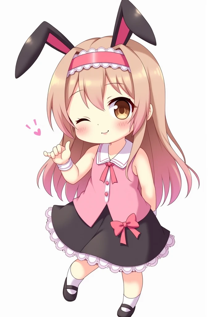 Please draw a cute anime-style chibi girl。teeth、She has long light brown hair with pink highlights.。彼女teeth、She wears a pink headband with black bunny ears。服装teeth、Pink sleeveless top、A black skirt with a pink ribbon at the waist、裾にteeth白いレースが施されています。Winking with her big brown eyes、My cheeks are stained red。She is posing as if blowing a kiss with one hand.、もう片方の腕teeth背中の後ろに隠しています。全体のスタイルteeth、A cute combination of pastel and vibrant colors、背景teeth透明にしてください。