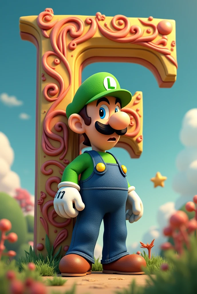 Luigi character with the letter F in the background