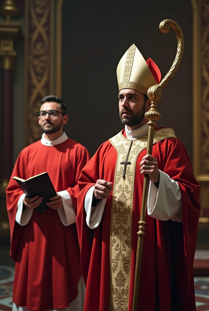 Make an image that depicts a photograph after the solemn Pentecost Mass:
Description: a Bishop with all his episcopal insignia, miter on the head and staff ( It should be beautiful, the top is curved. )In the right hand , the Bishop must be facing forward , Next to this bishop will be a master of ceremonies in a red cassock and a white Roman cope, holding the missal.
